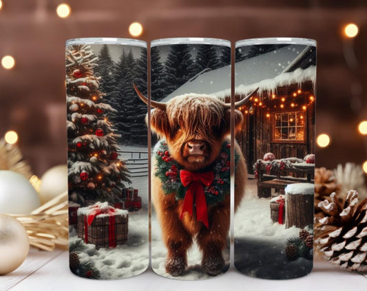 Highland Cow Christmas Cabin  20oz.Sublimated Stainless Skinny Tumbler